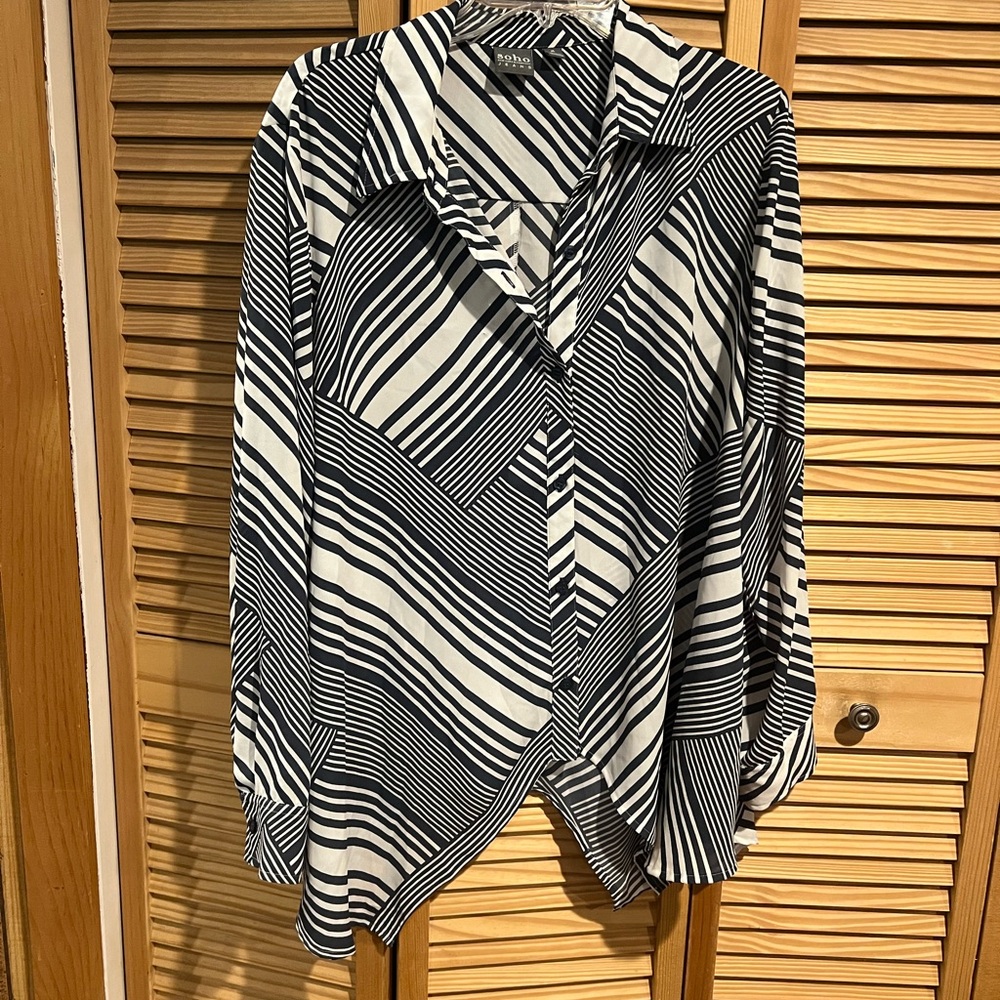 New York & Company Navy and White Striped Blouse